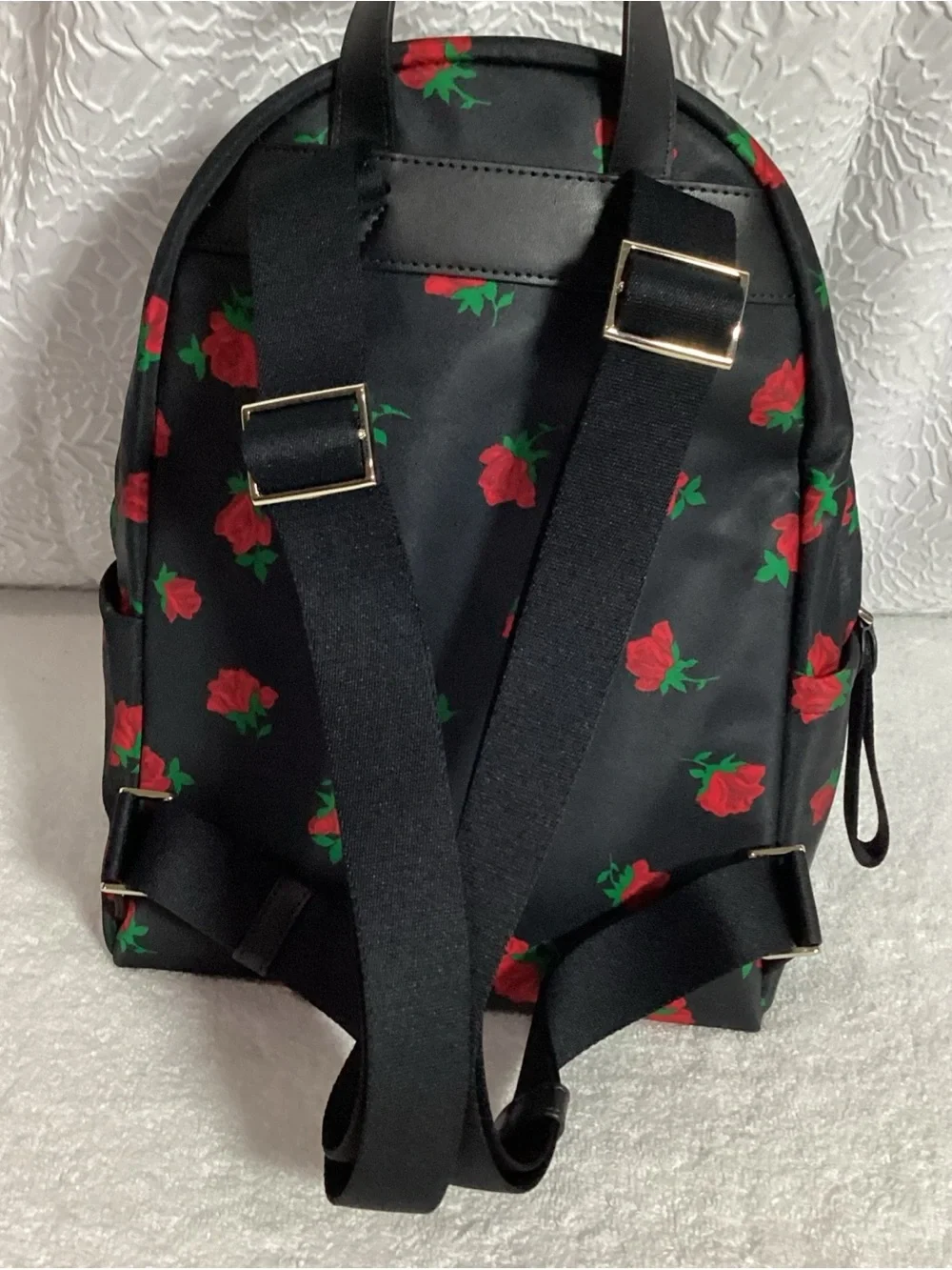 Kate Spade Chelsea Medium Rose Toss Print Black Nylon Leather Backpack Bag